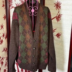 Shannon Traders Mens Vintage Argyle Wool Cardigan Sweater L Made in Ireland